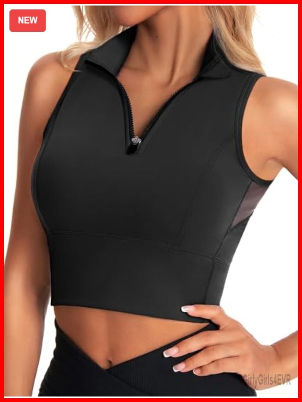 Cropped Workout Tank Top with Built-in Bra High Neck Half Zip Medium Support
